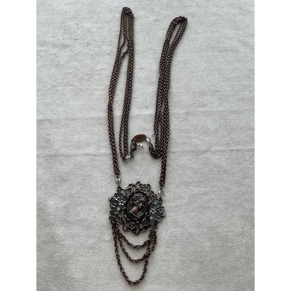 Signed Lola Multi Strand Antique Bronze Tone Multi Strand Cameo Necklace